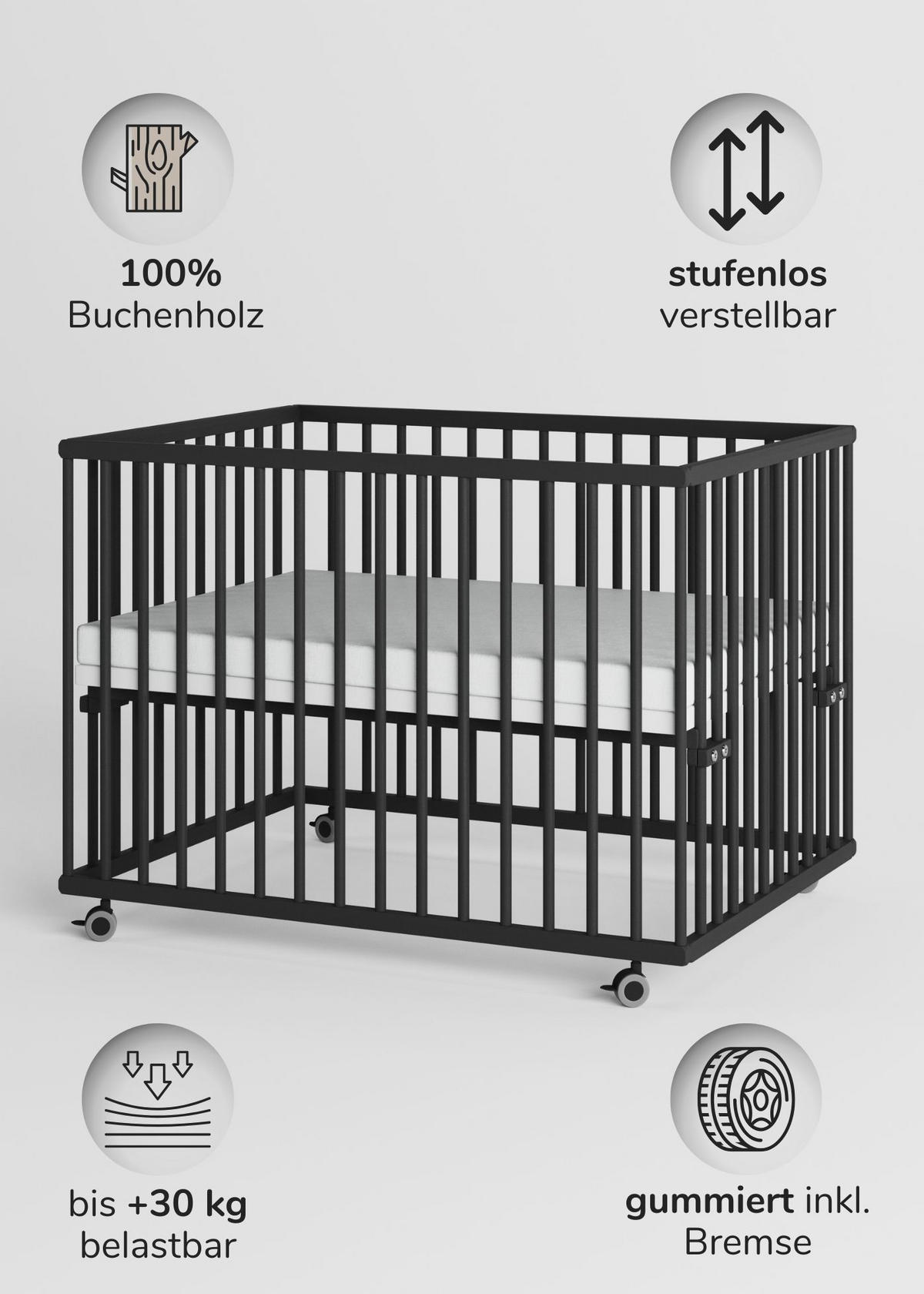 LAUFGITTER 75x100 cm mit Matratze SleepPlus - Black Edition - Premium Kollektion - Schwarz, Holz (100/74/75cm) - Sämann – make a difference.
