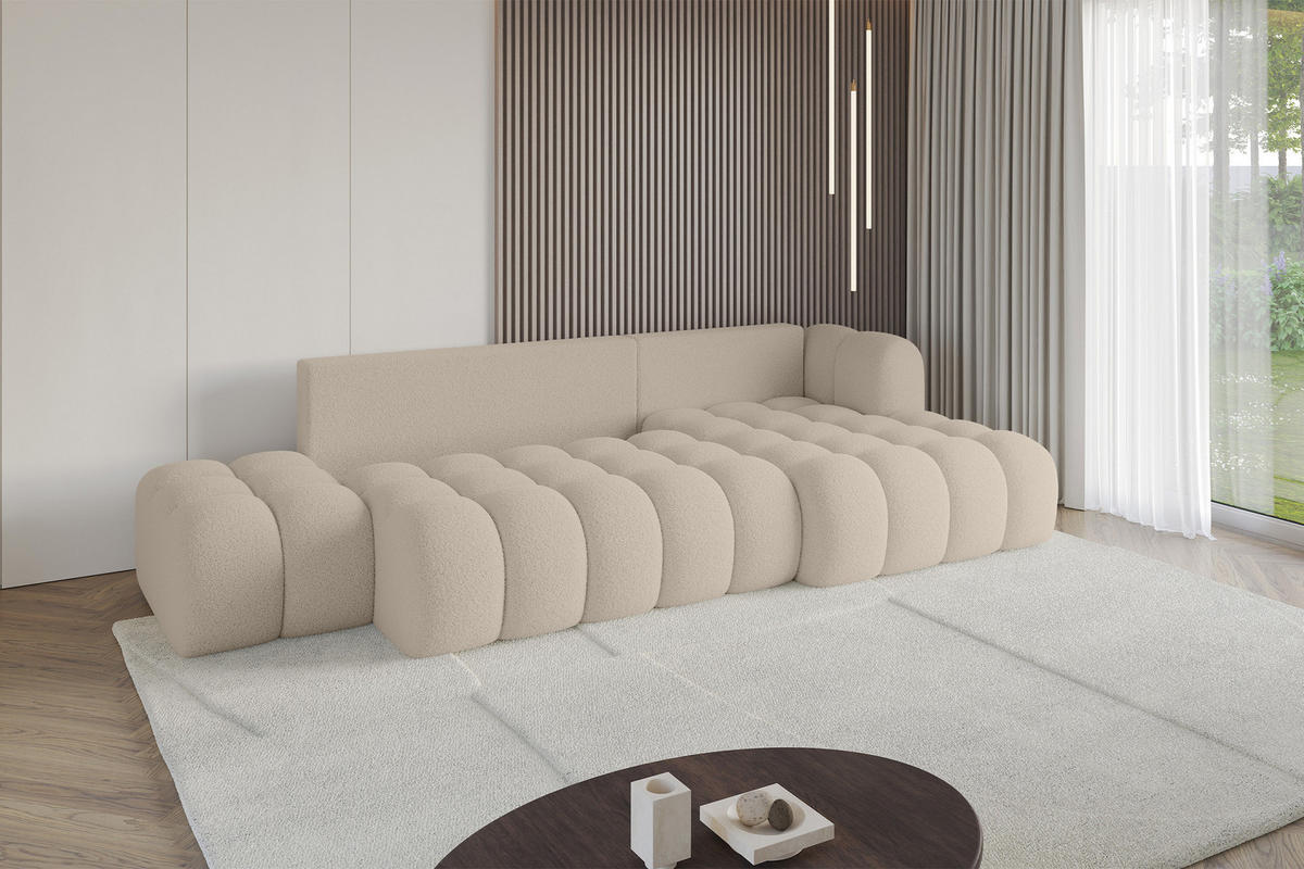ECKSOFA mit Schlaffunktion Ottomane RECHTS OLEA-L2 321x164x75 Dunkelbeige Bouclé - Hellbraun/Schwarz, Holzwerkstoff/Kunststoff (164/321cm) - ALTDECOR