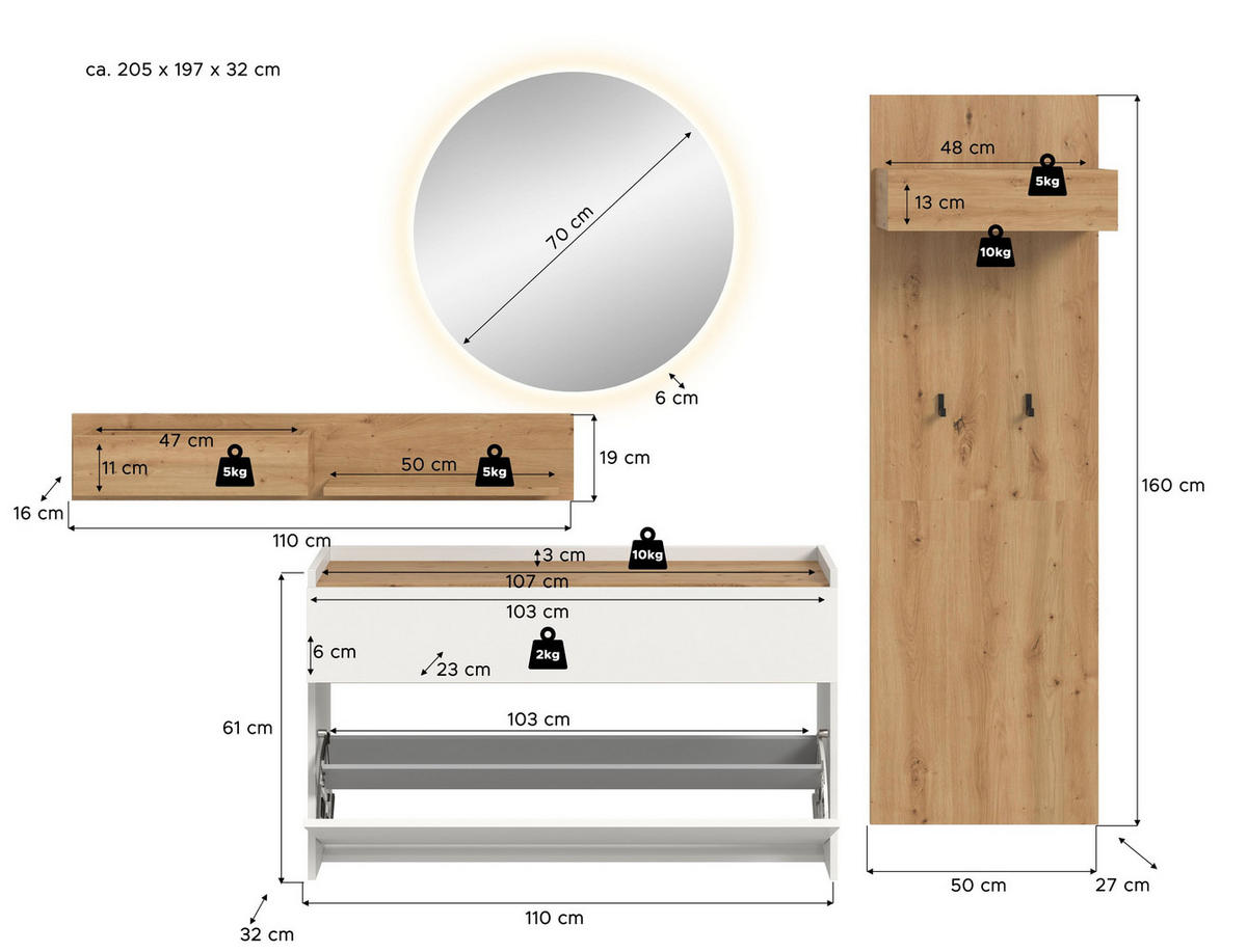 GARDEROBE inkl. Beleuchtung Flow (B/H/T: ca. 205/197/32 cm) 4 tlg. in Weiß/weiß - Weiß, Holzwerkstoff (205/197/32cm) - Homes & Jones