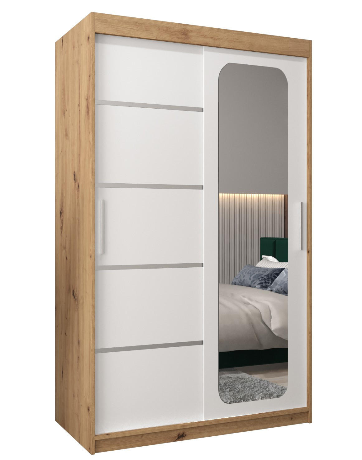 Abiks Möbel Schwebetürenschrank Eiche Artisan, Weiß 120x200x62 cm