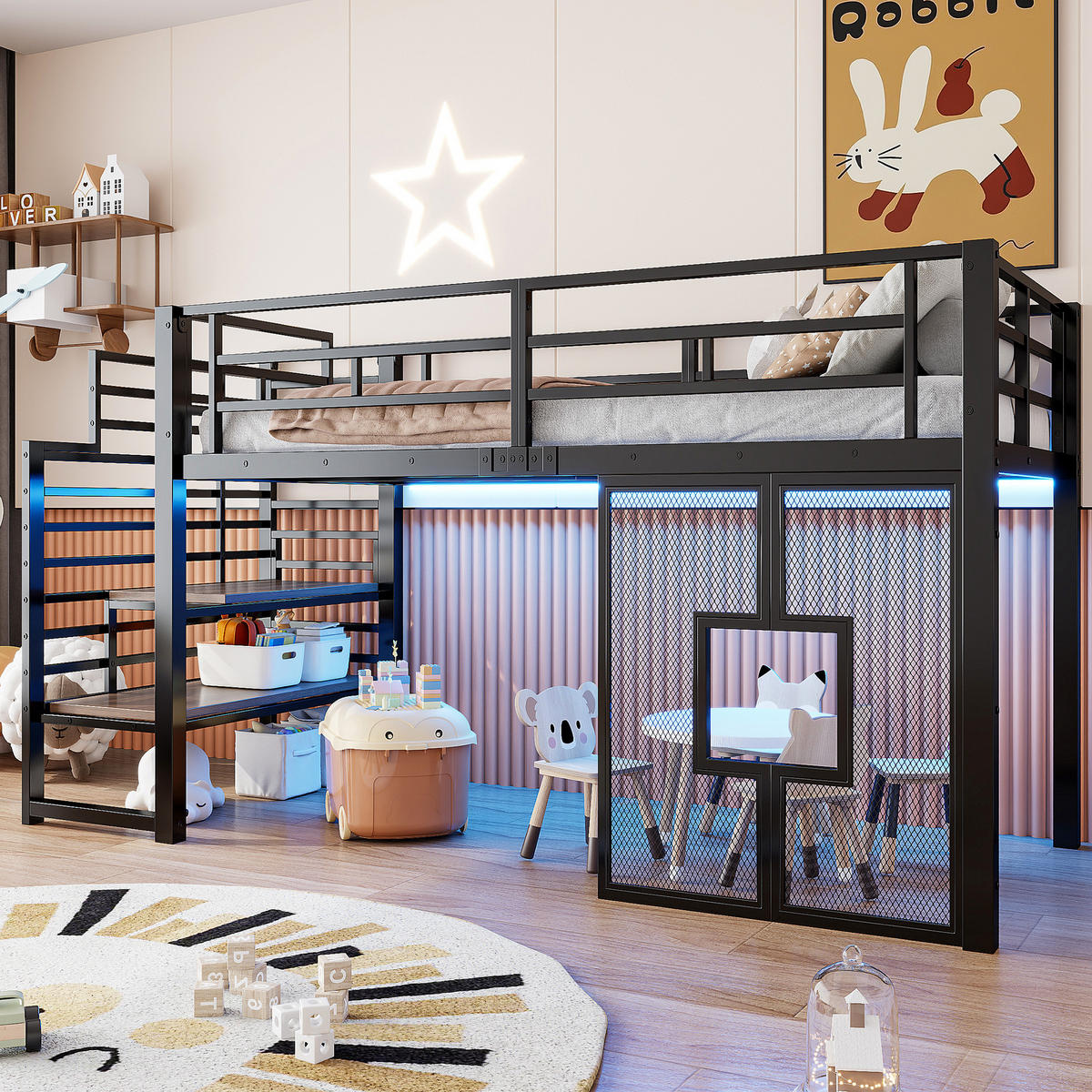 HOCHBETT 90/200 cm in Schwarz mit Stauraumtreppe, LED und Fenstern - Schwarz, Holzwerkstoff/Metall (90/200cm) - STILVORA