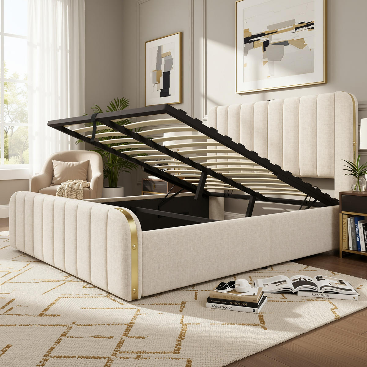 ČALOUNĚNÁ POSTEL 190x200 cm, lněná béžová, s USB typu C a hydraulickým úložným prostorem - béžová, textil - Urban Meuble