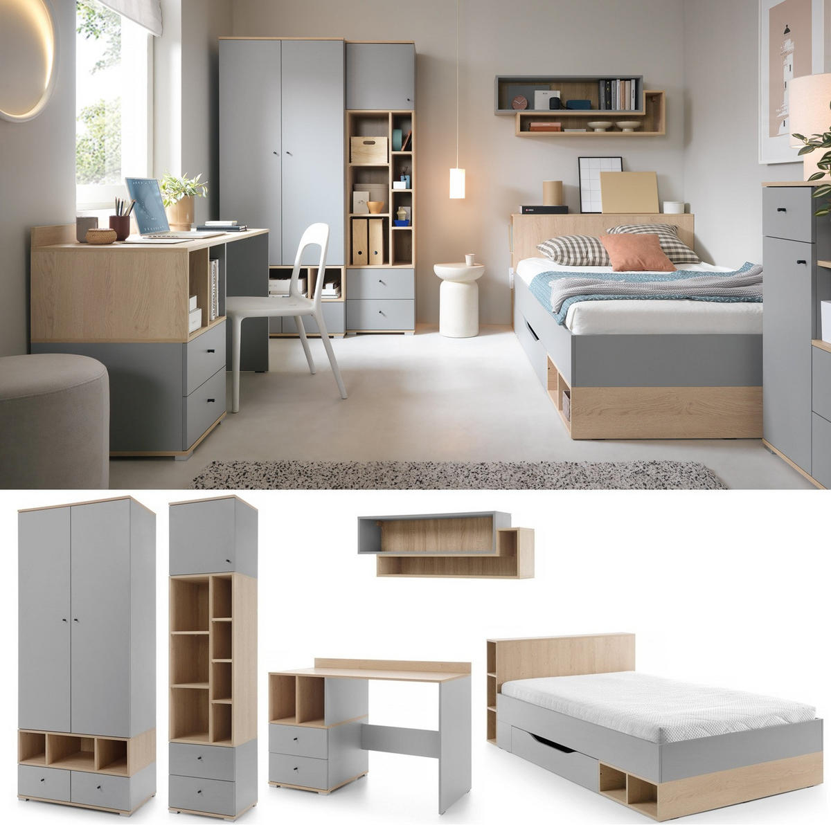 JUGENDZIMMER Oriel Set A mit Bett 120 x 200 - 5-tlg. - Eichefarben/Schwarz, Holzwerkstoff/Metall (80/195/50cm) - QMM TraumMöbel