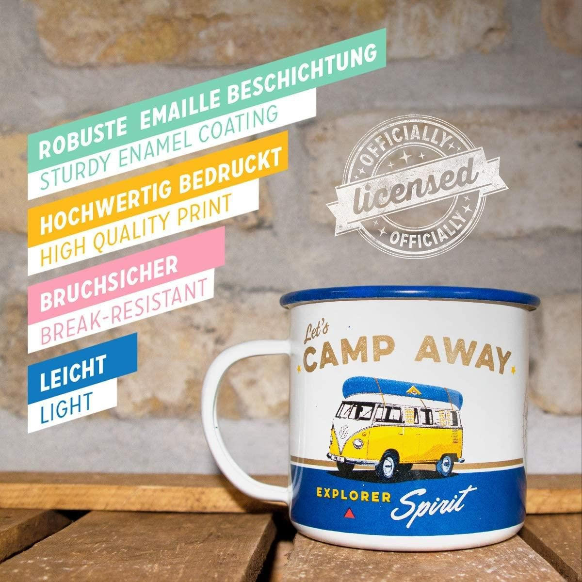 EMAILLE-BECHER 360 ml Volkswagen VW Bulli Let's Camp Away - Currygelb/Creme, Metall (0.36L) - Nostalgic-Art