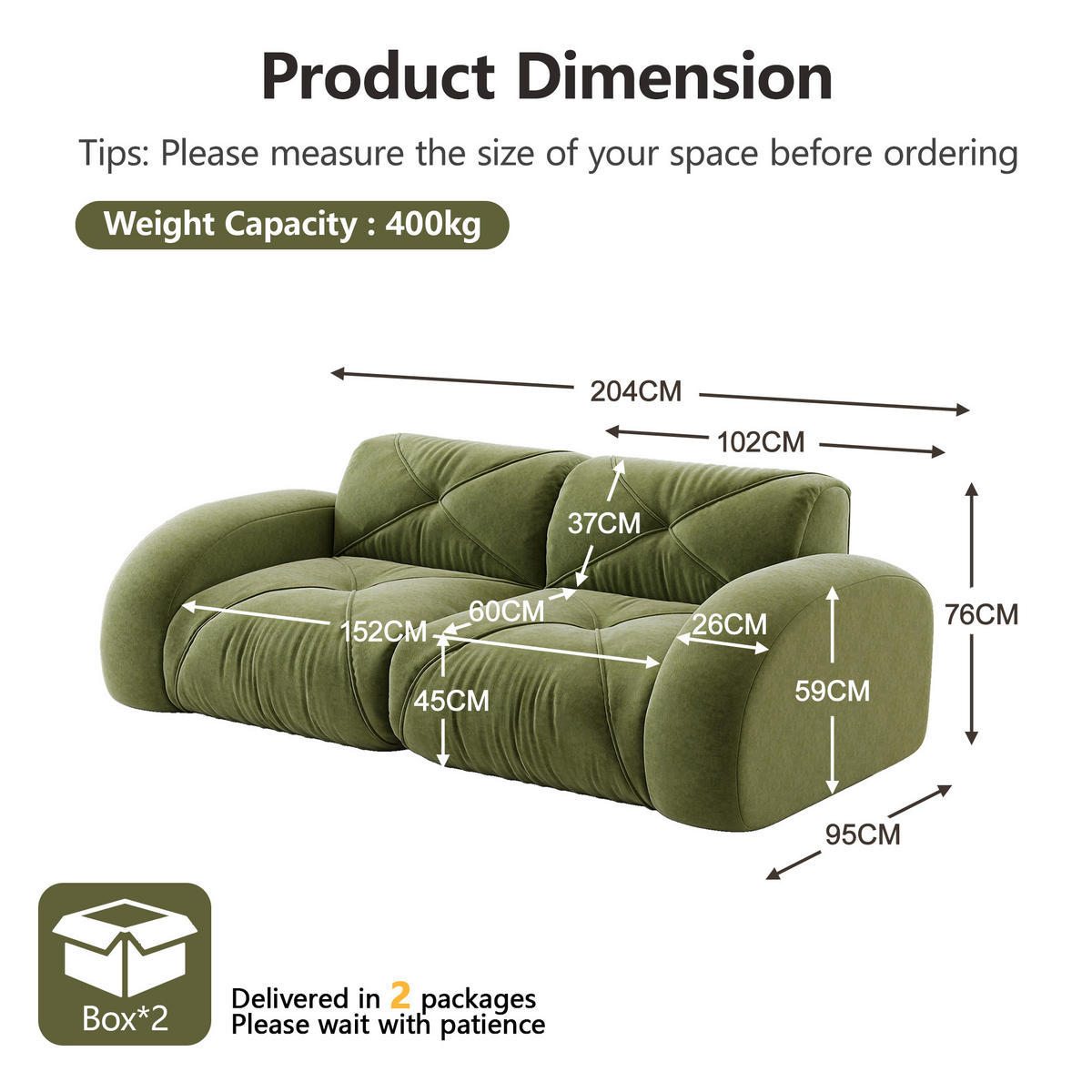 2-SITZER SOFA Chenille Grün - Grün, Textil (204/76/95cm) - WISHDOR