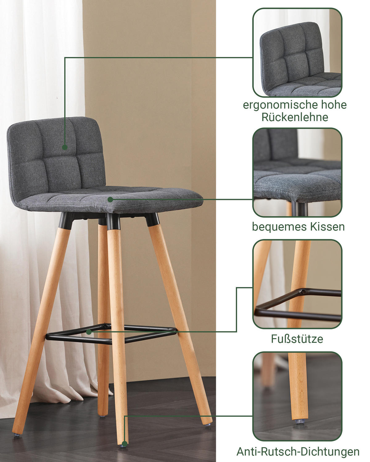 BARHOCKER 2er Set Kautschukholz Polyester - Grau, Holzwerkstoff (44/90/44cm) - SoBuy