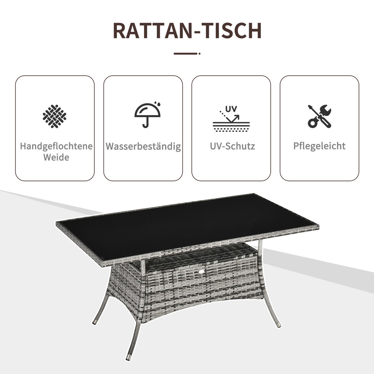 ESSTISCH, Grau+Schwarz, Metall, Sicherheitsglas, Polyrattan - Grau, Kunststoff (150/85/74cm) - Outsunny