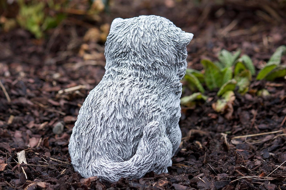 STEINFIGUR Perser Langhaar Katze Kitten mit Spielzeug, Steinguss, Frostfest - Grau, Stein (11/16/11cm) - stoneandstyle