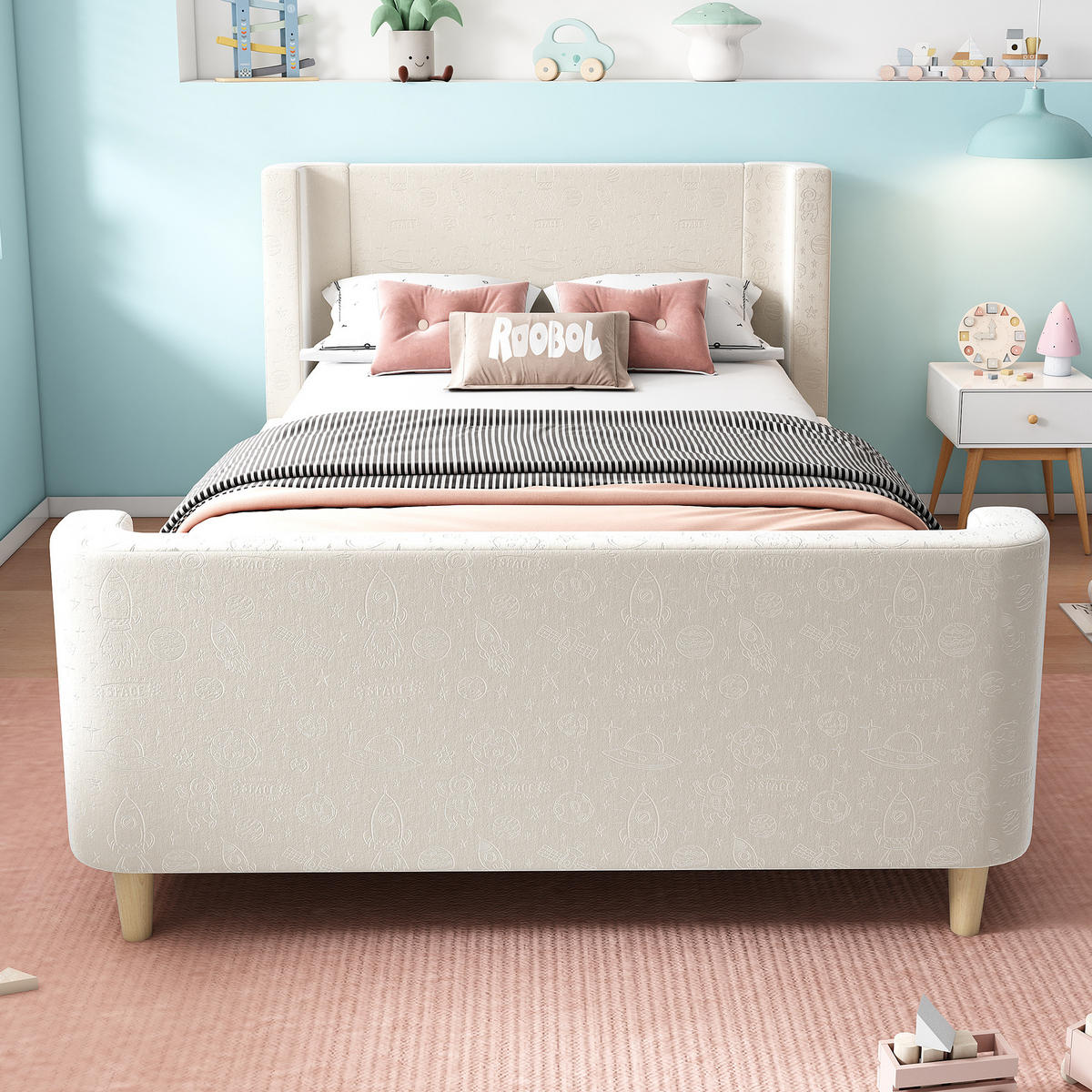 KINDERBETT 90/200 cm Beige mit Cartoon-Weltraummuster - Beige, Textil (90/200cm) - OKWISH