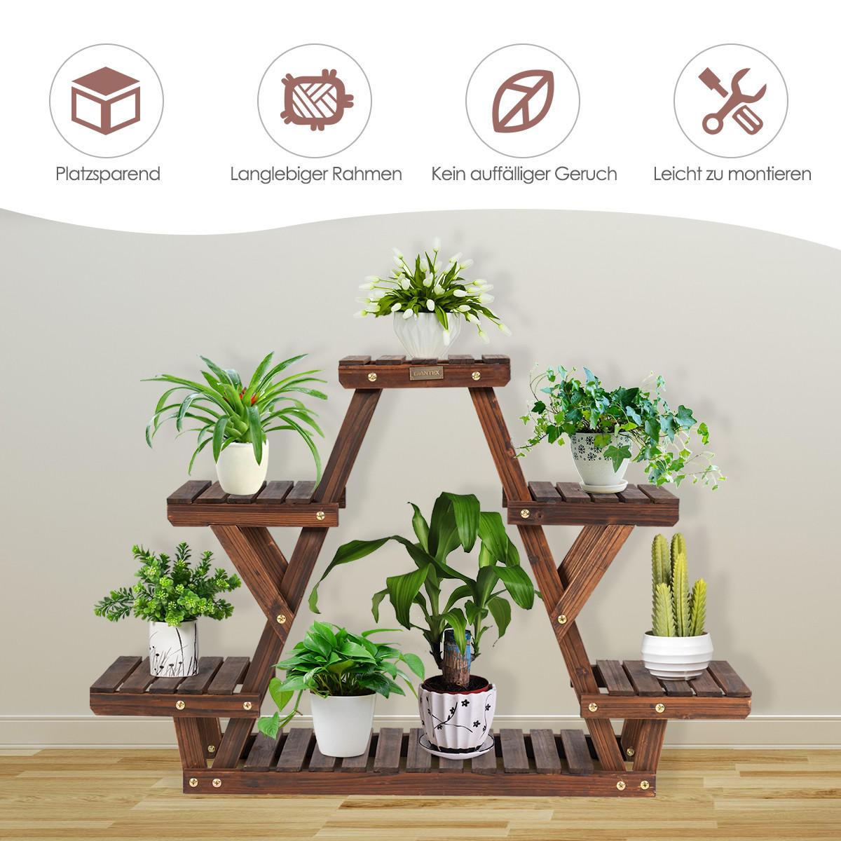 BLUMENREGAL Karbonisiert - Naturfarben, Holz (25/64/99cm) - COSTWAY