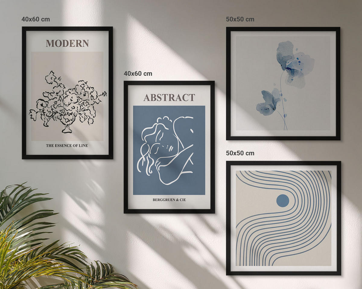 BILDER SET 4er Set - 50x50 cm & 40x60 cm Schwarzer Rahmen - abstrakte Poster mit Blumenlinien - Schwarz, Kunststoff (50/50cm) - TULUP