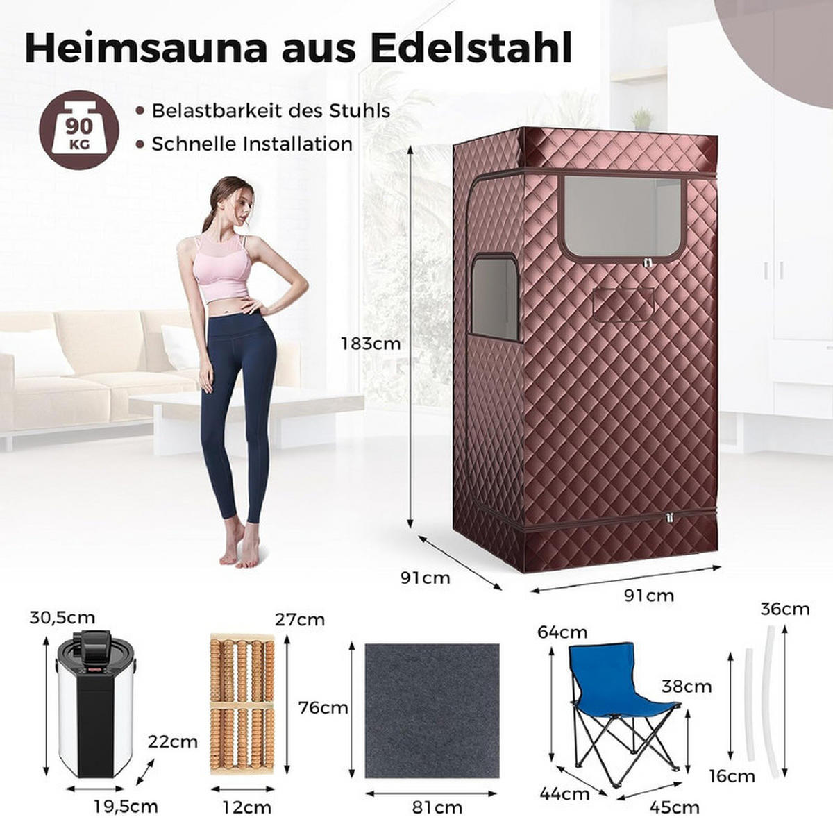 DAMPFSAUNA Tragbare braun - Braun, Textil (91/183/91cm) - COSTWAY