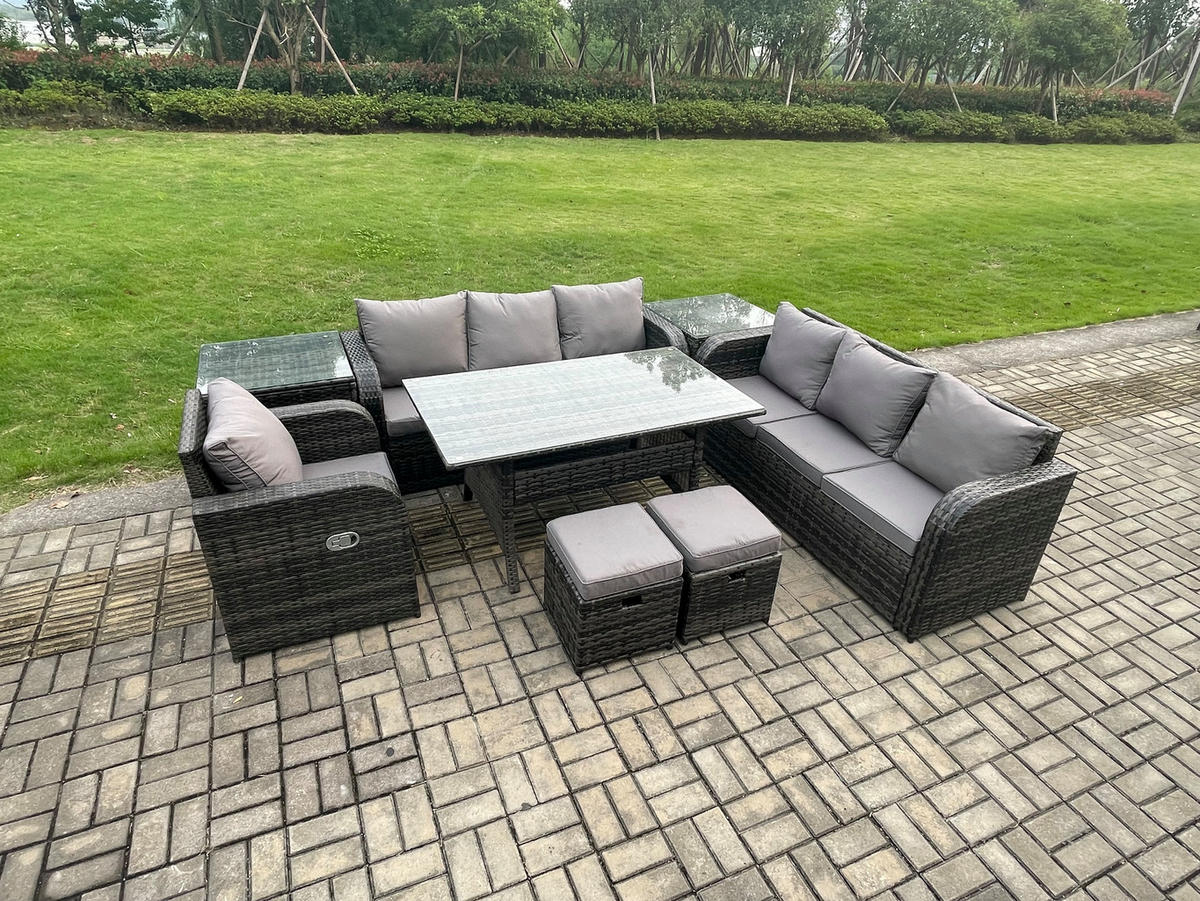 GARTENTISCHGRUPPE mit 2 Beistelltischen,2 Hocker Polyrattan Dunkelgrau 9-Sitzer - Dunkelgrau/Grau, Glas/Kunststoff - Fimous