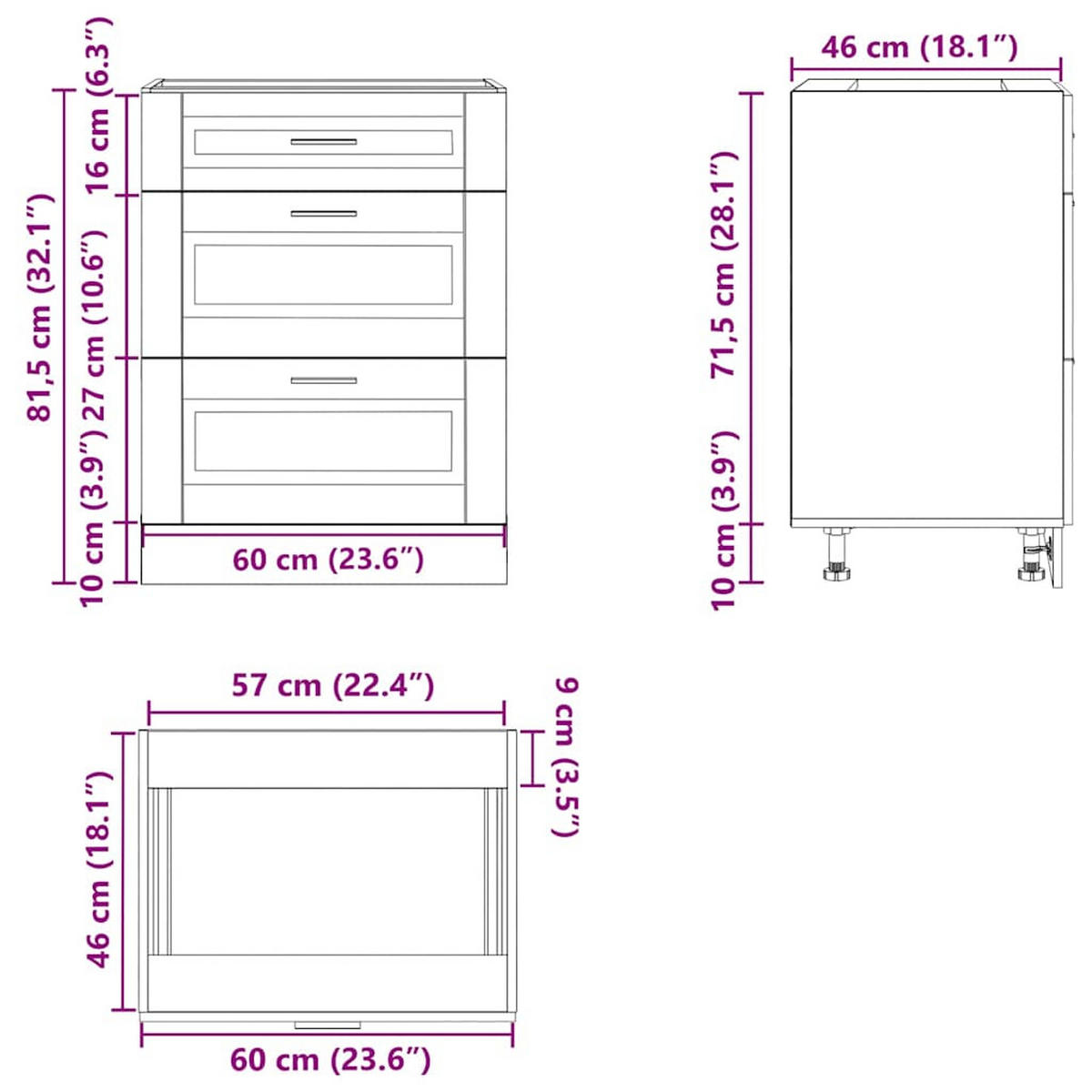 KÜCHENUNTERSCHRANK Porto Betongrau Holzwerkstoff - Grau, Holzwerkstoff (46/81.5/60cm) - vidaXL