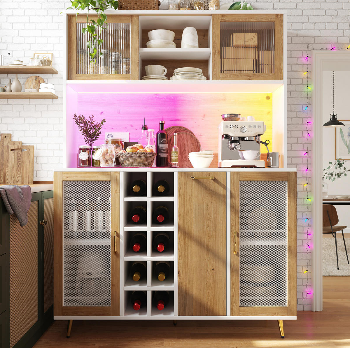 BUFFET 120/170/40 cm Weiß mit Holzdekor aus MDF mit LED-Beleuchtung - Weiß, Holzwerkstoff (40/180/120cm) - OKMYHOME