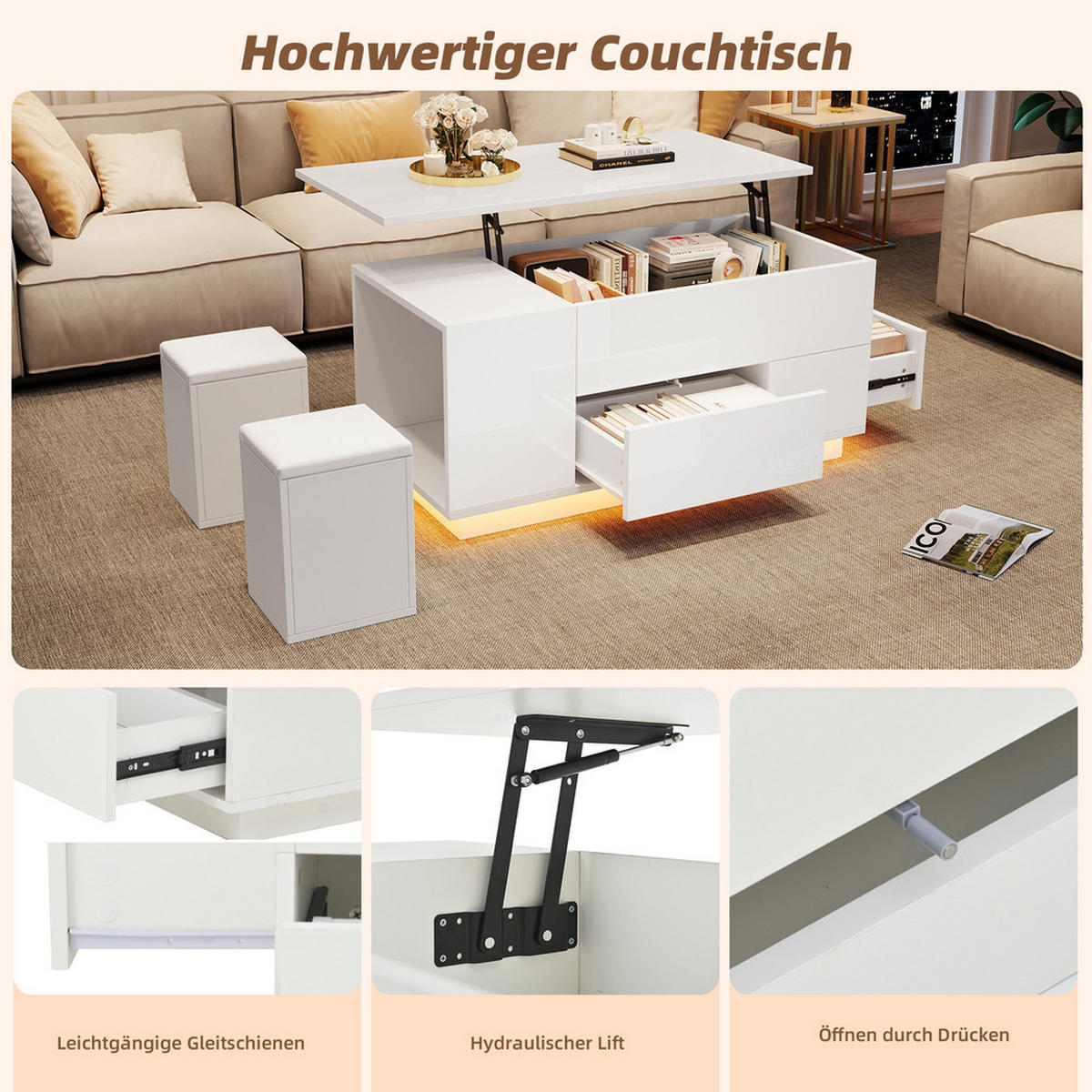 COUCHTISCH 100x50cm Weiß Höhenverstellbar LED 4in1 2 Schubladen 50kg - Weiß, Holz (62.76/50.8/20.32cm) - FLIEKS