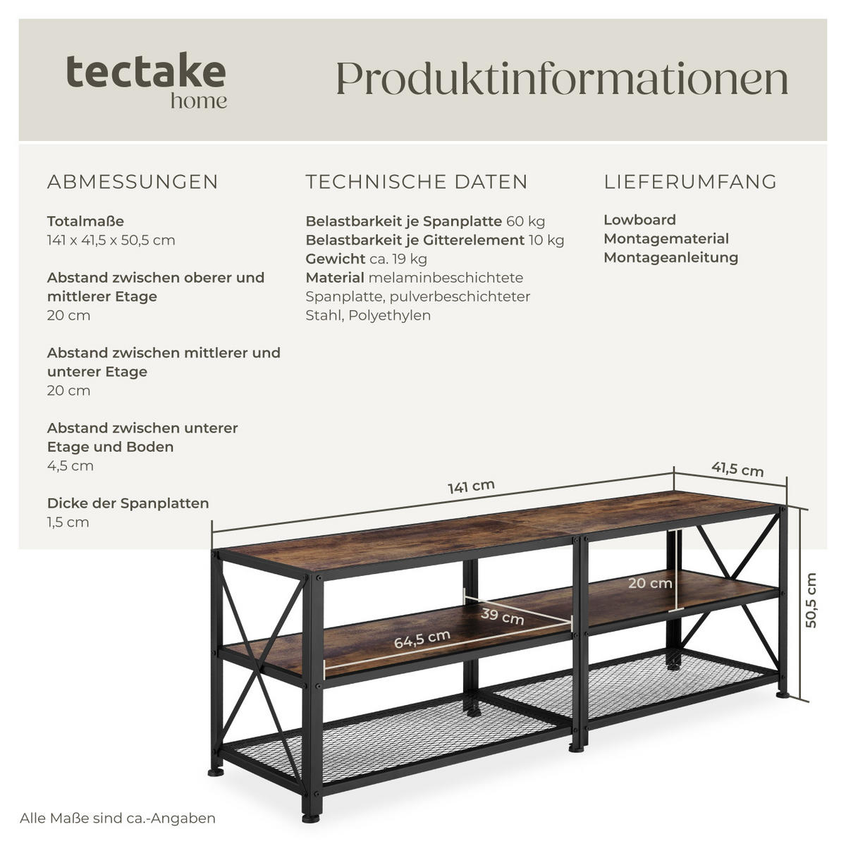 TV-REGAL Chicago,141 x 41,5 x 50,5 cm,Industrial Holz dunkel, rustikal - Rostfarben, Holzwerkstoff (41.5/50.5/141cm) - tectake