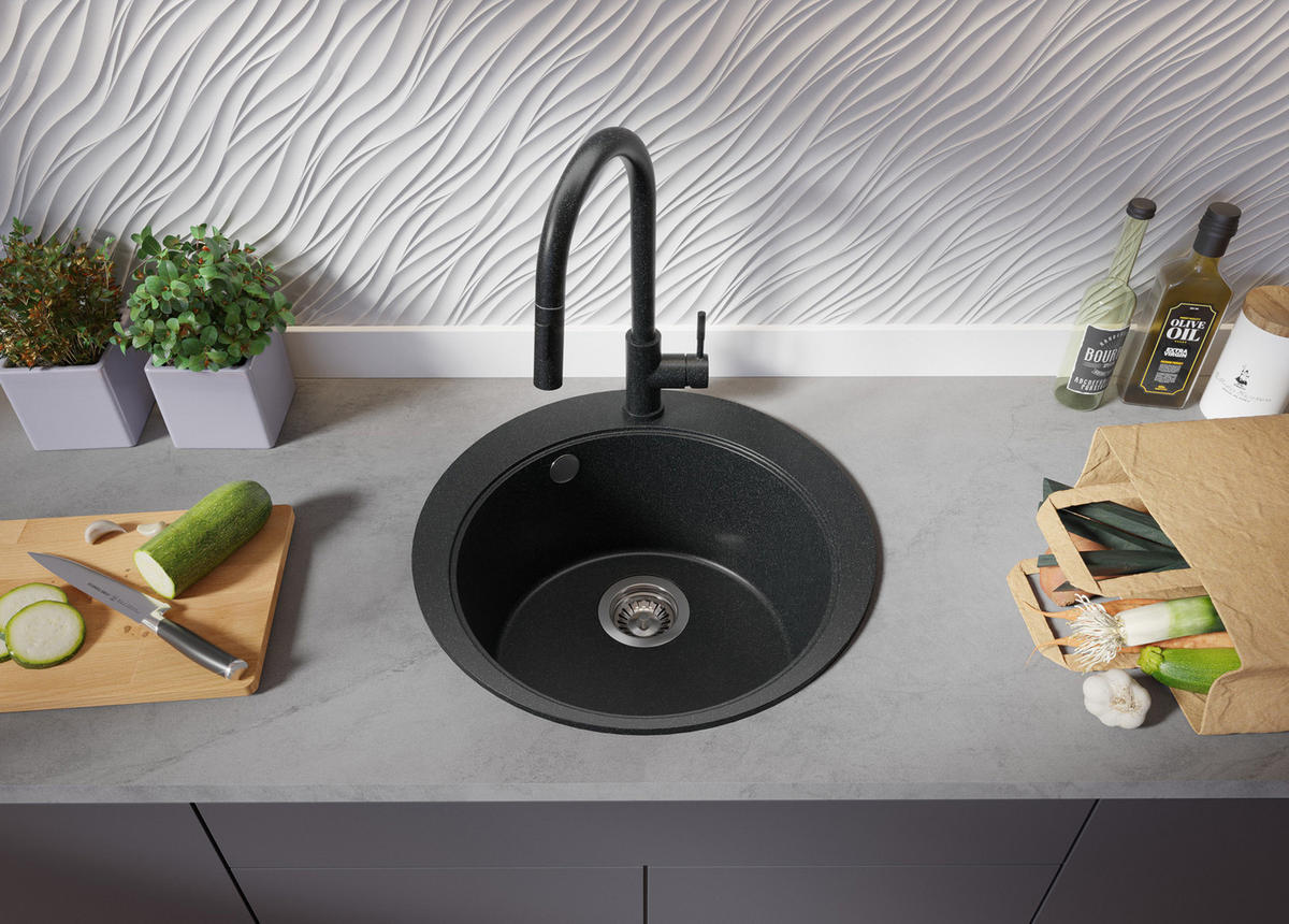 SPÜLBECKEN RUND Pisa, 2-er set Anthrazit 50/50 cm 1 Becken + Ablauf-Set + Schneidebrett ab 45er Unterschrank - Chromfarben/Anthrazit, Kunststoff (50/20/50cm) - Primagran