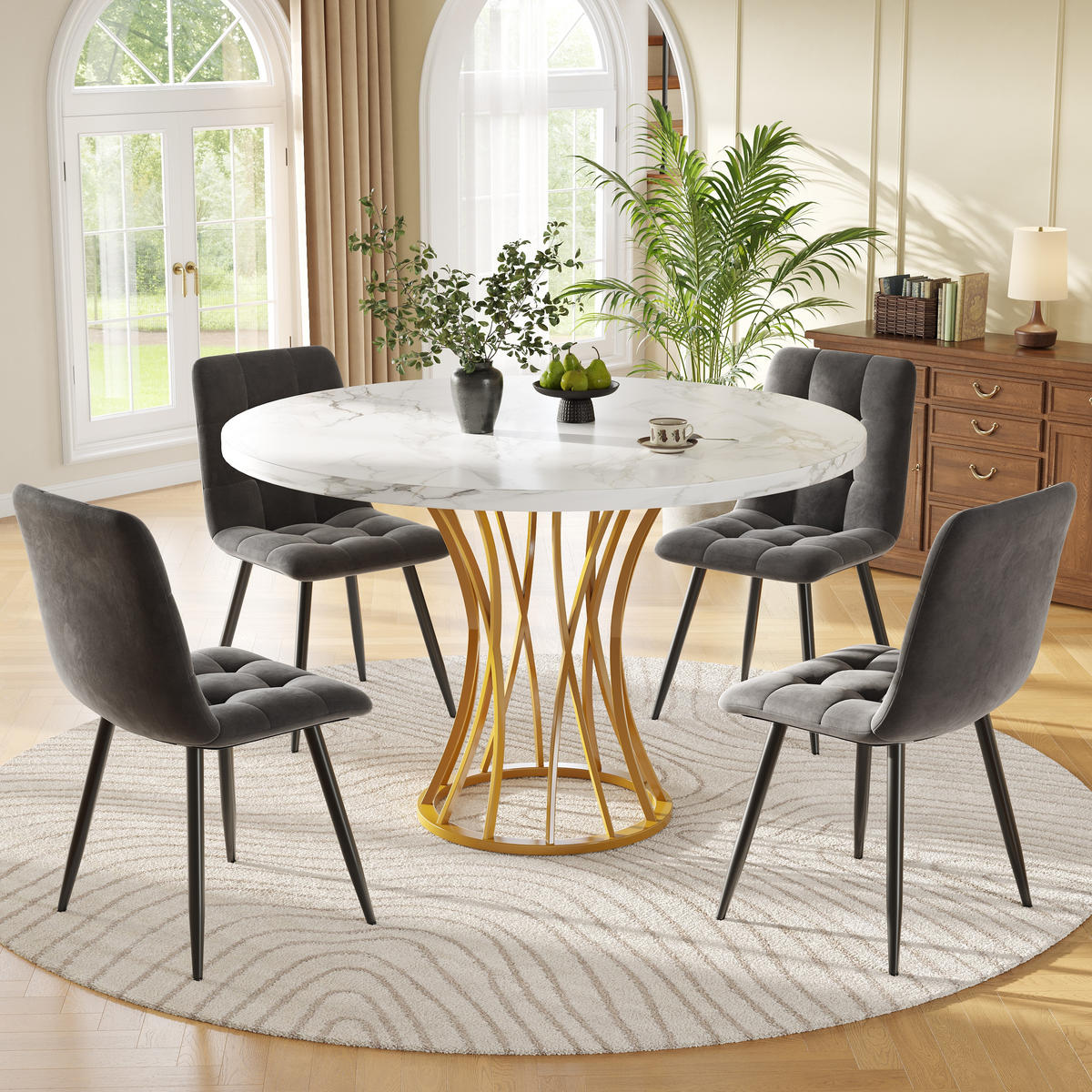 ESSTISCHSET 5-Teilig Rund 80 Cm, Graue Samtstühle, Weiß Marmor, Gold - Multicolor, Metall (100/76/100cm) - FLIEKS
