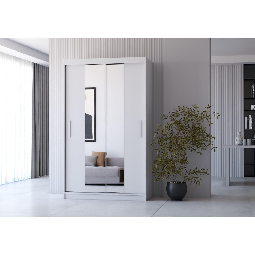 SCHWEBETÜRENSCHRANK Neomi 01 Weiß/Weiß mit Spiegel 120 cm - Alufarben/Weiß, Glas/Holzwerkstoff (120/200/61cm)