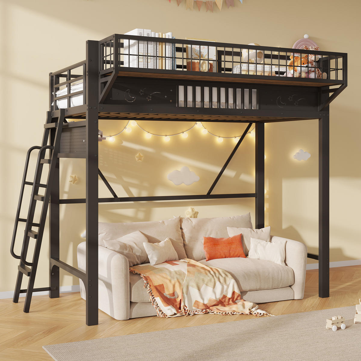 HOCHBETT 90/200 cm mit Metallgestell Schwarz, Staufächern und offener Unterseite - Schwarz, Metall
