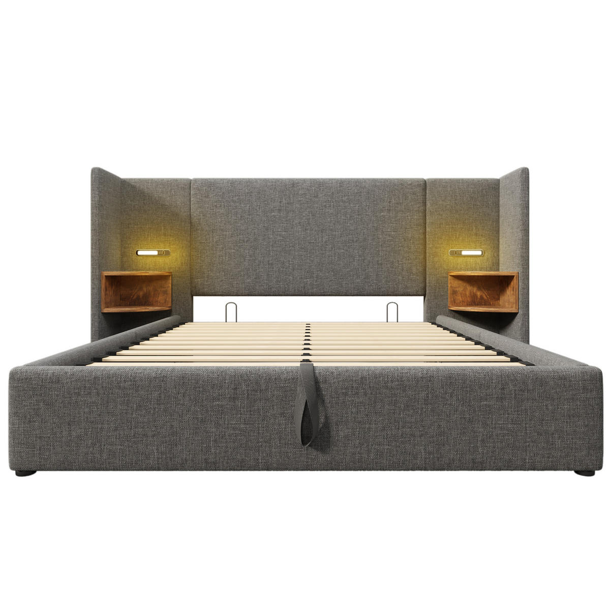ČALÚNENÁ posteľ 160/200 cm sivá, ľan, s úložným priestorom, lampou a USB-C - sivá, textil (160/200cm) - BEAOK