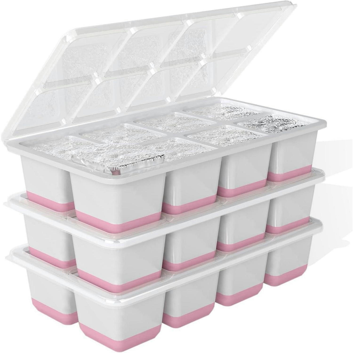 EISWÜRFELFORMEN 3er-Pack mit Deckel – Große quadratische Eiswürfelformen für Cocktails - Rosa, Kunststoff (10.9/4.1/21.1cm)