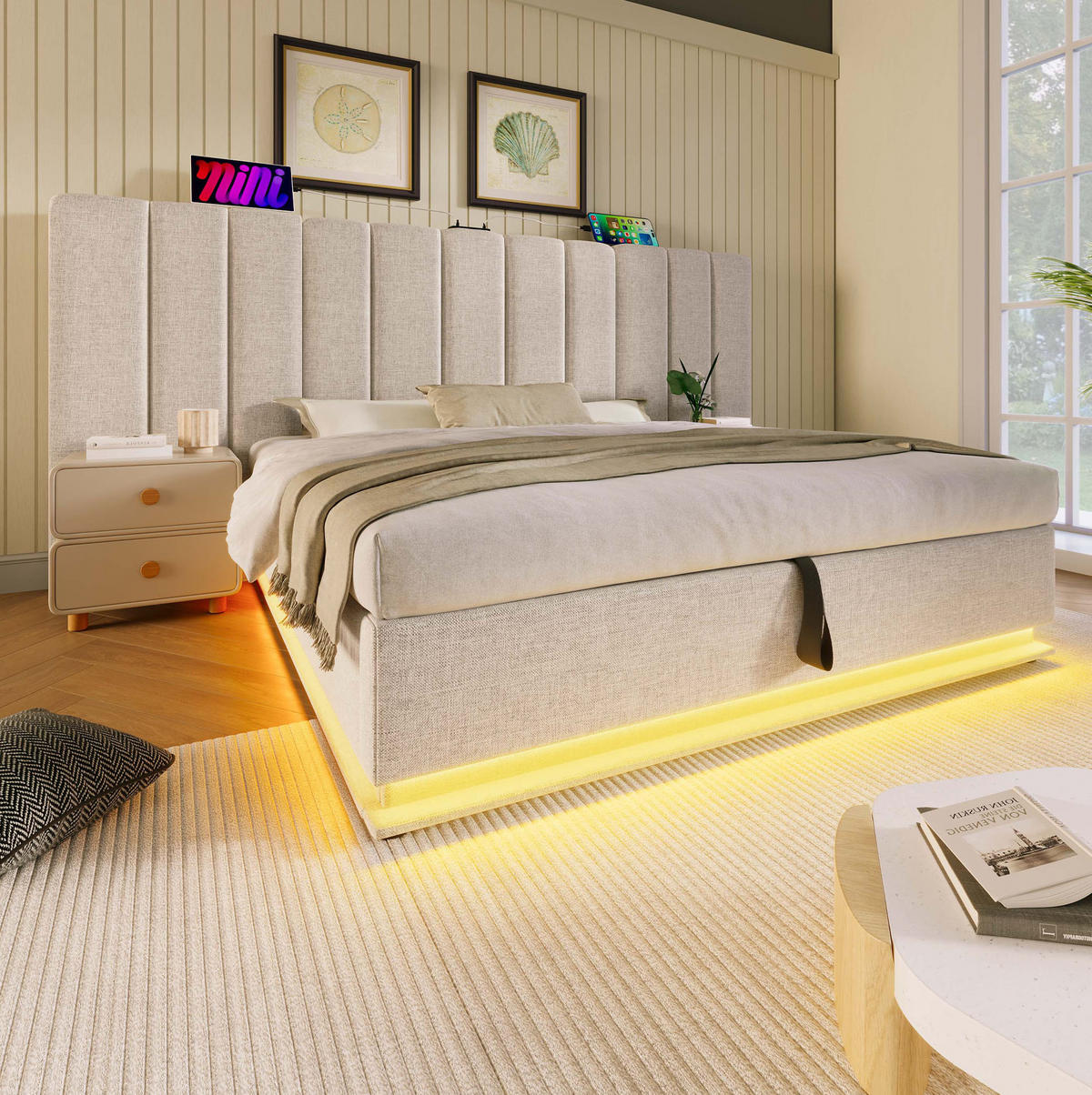 BETT mit Stauraum, LED und Ladefunktion 180x200 cm Leinen Beige - Beige, Metall (180/200cm) - Meubliv