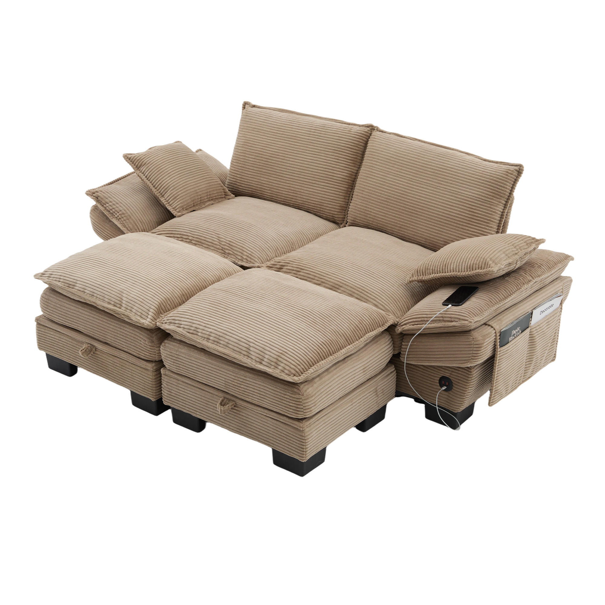 2-SITZER SOFA Cord Khaki mit Hocker, USB-C und Seitentaschen - Hellbraun, Holzwerkstoff/Kunststoff (190/84/132cm) - WISHDOR