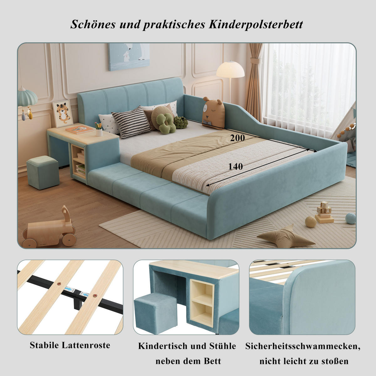 POLSTERBETT 140/200 cm aus Samt mit Schreibtisch und Hocker Blau - Blau, Textil (140/200cm) - Modenvie