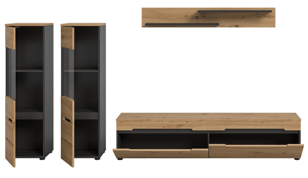 WOHNWAND Artisan Eiche, grau, Set 4-teilig 270 cm hängend oder stehend, Soft-Close, Cooper - Schwarz/Eiche Artisan, Glas/Holzwerkstoff (272/141/33cm)