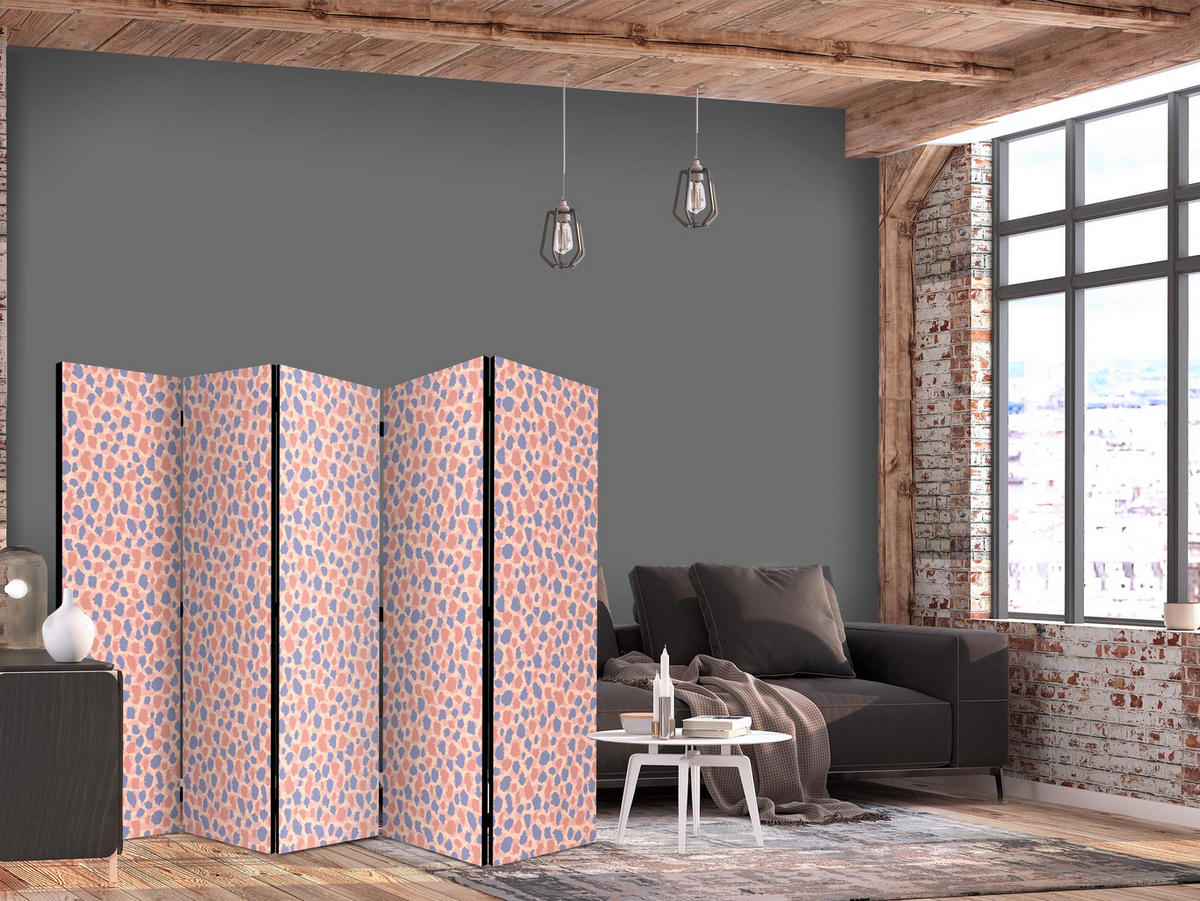 PARAVÁN Akustický 5-dielny 225x172 cm Farebné Bodky - ružová, drevo/textil (225/172/3cm) - Muralo