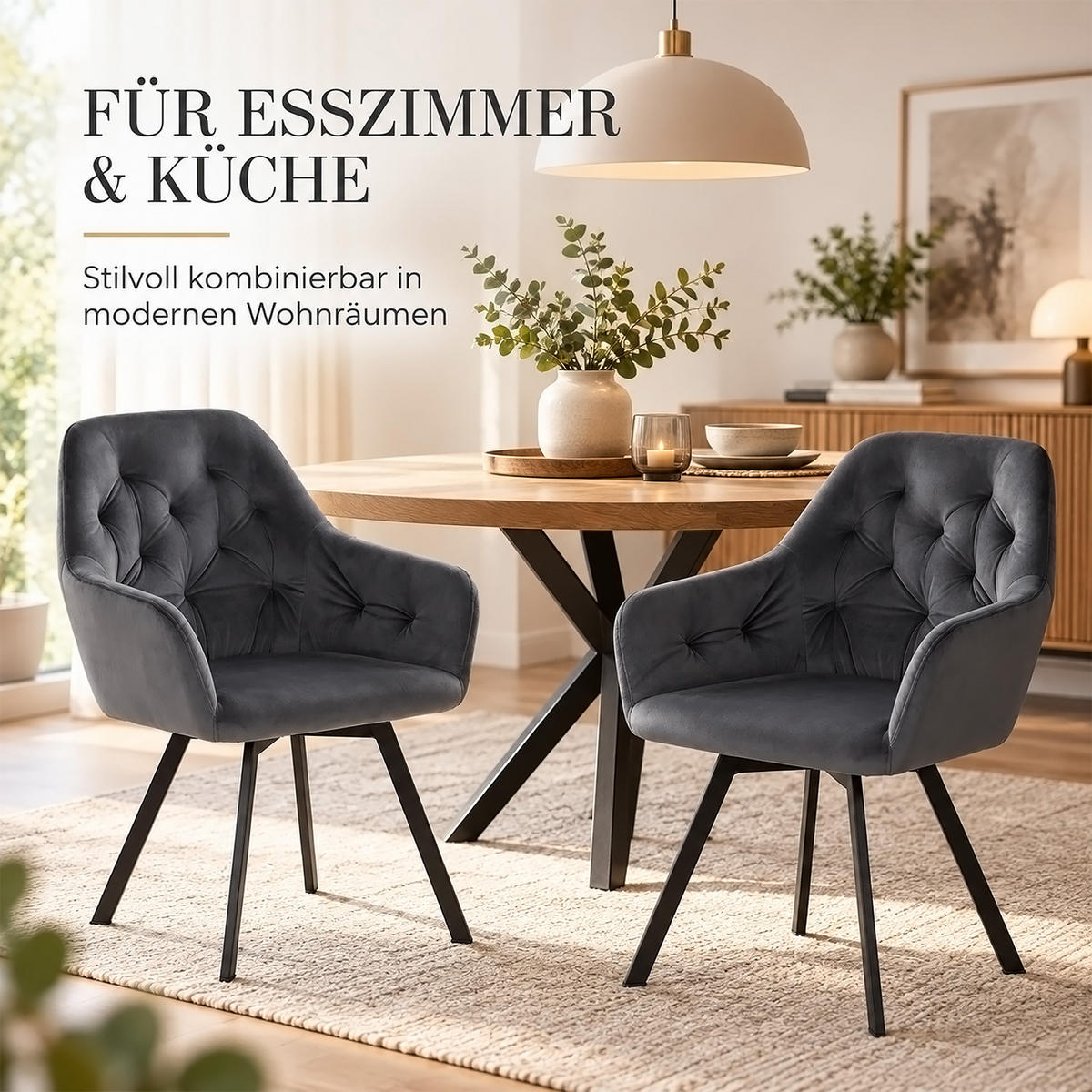 ARMLEHNSTUHL-SET 2 Stück in Stahl Samt Grau drehbar - Schwarz/Grau, Textil/Metall (59/88/65cm) - Homestyle4u