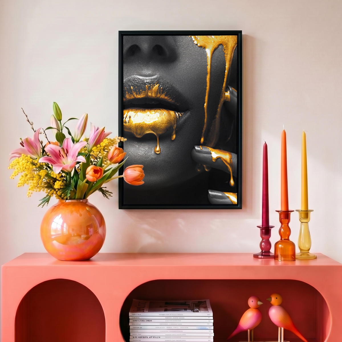 LEINWAND Bilder mit Rahmen - Frau - Schwarz - Gold - Gesicht - Lippen - 20x30 - Goldfarben, Textil (20/30cm) - MuchoWow