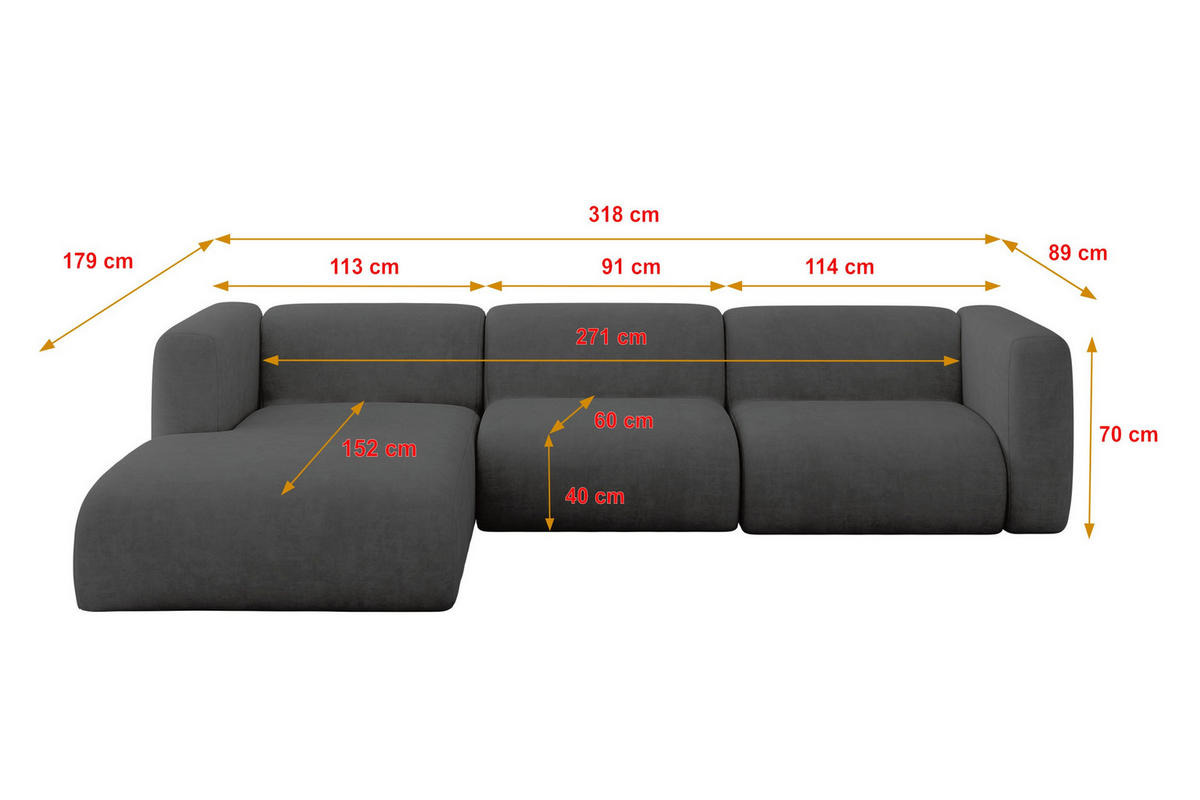 ECKSOFA Ottomane Links MIRA-L2 318x179x89 Dunkelgrau Velours - Dunkelgrau/Schwarz, Holzwerkstoff/Kunststoff (318/179cm) - ALTDECOR