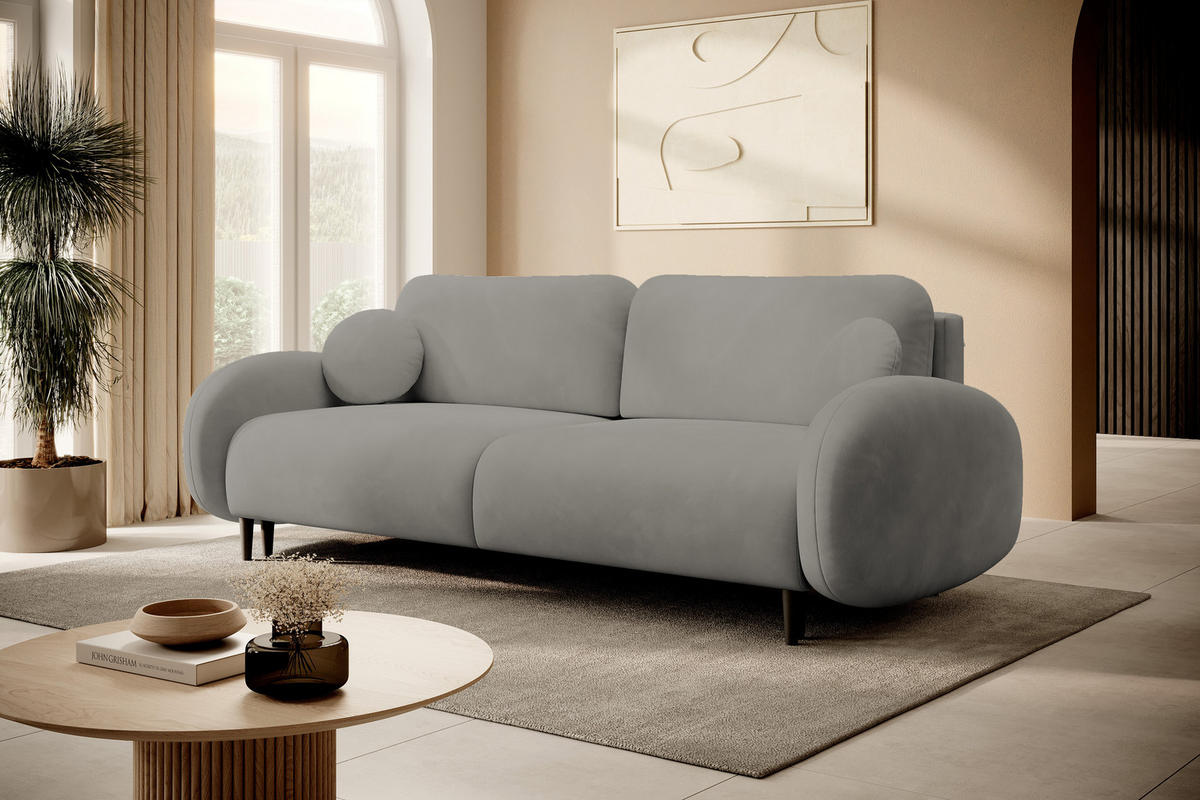 SOFA SOFT RunAgin Mit Schlaffunktion Und Bettkasten, PUR-Schaum, Schwarze Kunststofffüße, lose Rückenkissen, freistehend, 232x109x95 cm Grey - Grau, Holz/Textil (232/95/109cm) - DomoHome