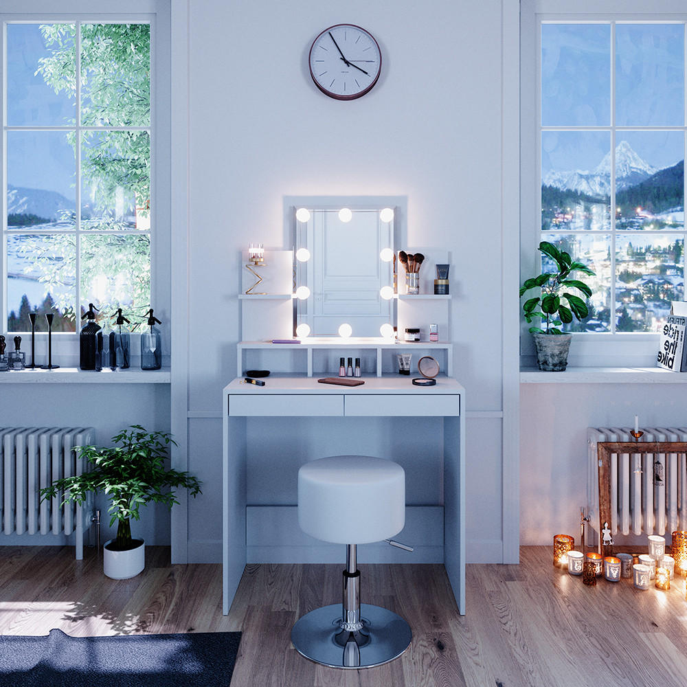 SCHMINKTISCH Ania Weiß 80 cm mit LED Beleuchtung und Hocker - Weiß, Holzwerkstoff (80/139.6/40cm) - Vicco