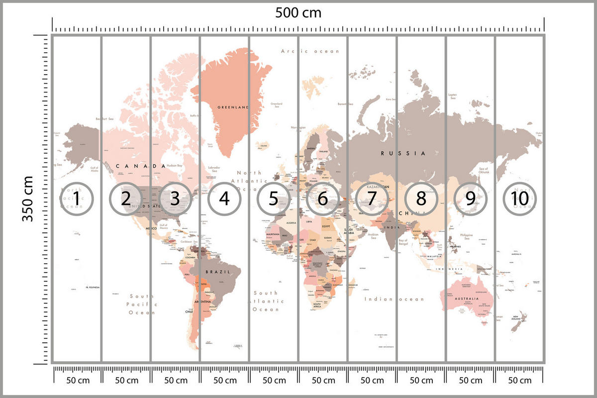 FOTOTAPETE für Büro Pastell Weltkarte Kontinente Ozean Länder 500x350 - Beige/Schwarz, Papier (500/350cm) - Muralo