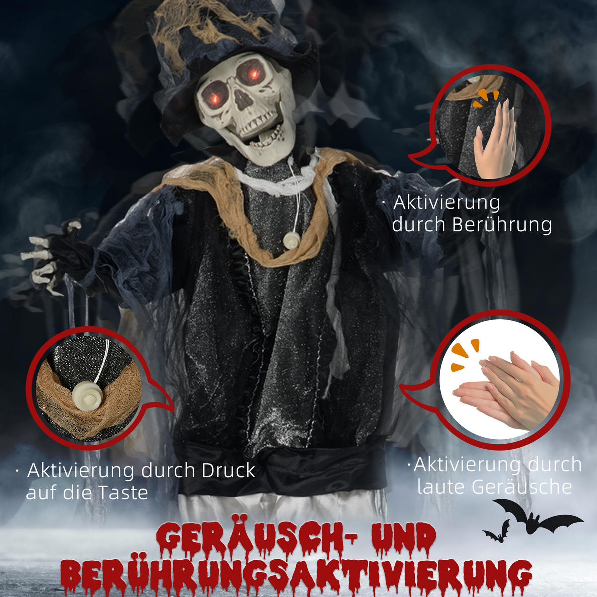 HALLOWEEN HORROR-CLOWN, Schwarz+Grau, Polyester - Schwarz, Kunststoff (64/178/101cm) - HOMCOM