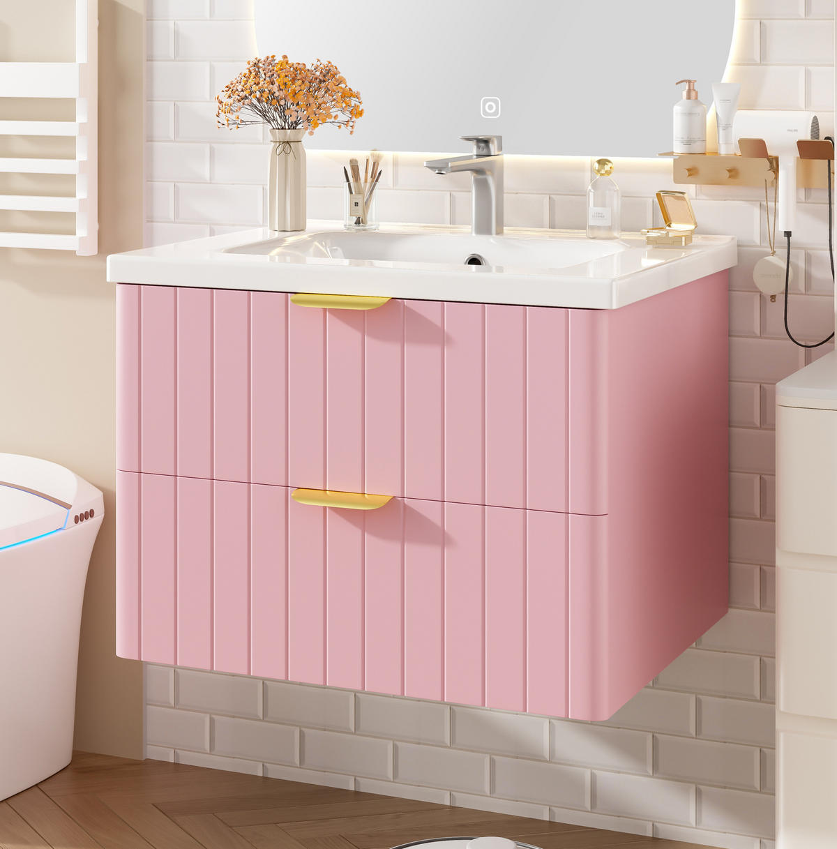 WANDMONTIERTER Waschtisch mit Keramikbecken 60.5x47.5x47cm Rosa-Weiß,2 Ebenen - Rosa, Holzwerkstoff (60.5/47/47.5cm) - Modfu