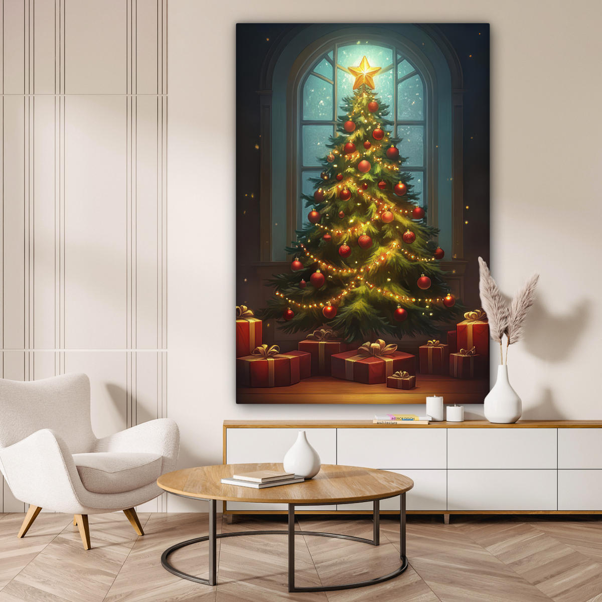 OBRAZ NA PLÁTNĚ Vánoční stromek - Dárek - Zima 90x140 cm - zelená barva, textil (90/140cm) - MuchoWow