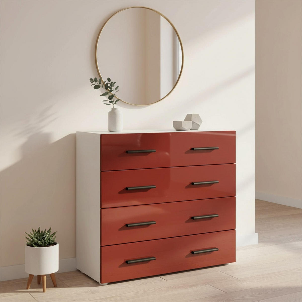 KOMMODE Den, Sideboard mit 4 Schubladen, Made in Germany, Moderner Schrank, Weiß matt / Bordeaux Hochglanz (76 x 72 x 35 cm) - Bordeaux, Holzwerkstoff (76/72/33cm) - InnoFurn