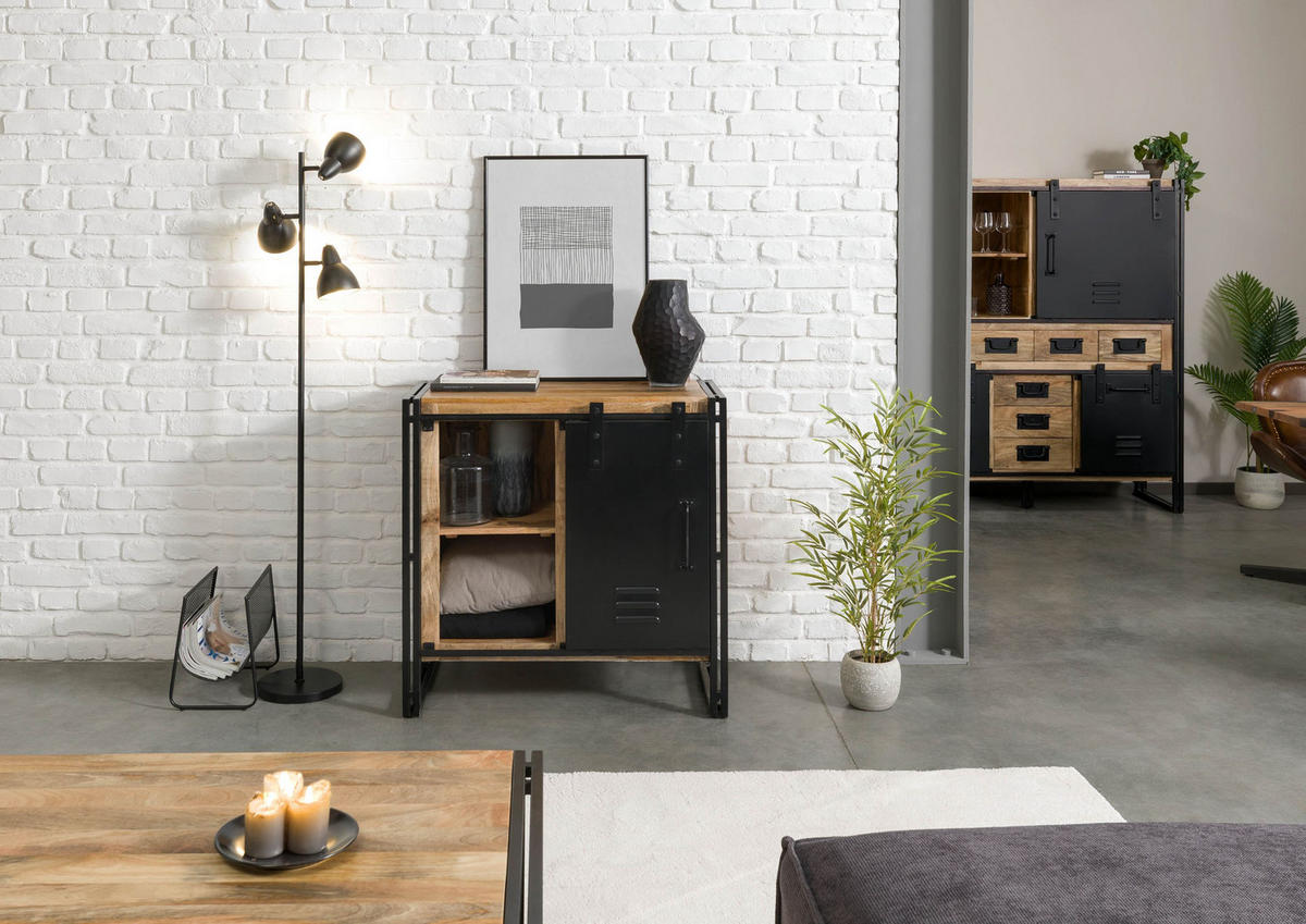 KOMMODE Mango 90x45x90 natur klar lackiert / Metall schwarz BLACKBURN #108 - Braun, Holz (90/90/45cm) - Massivmoebel24