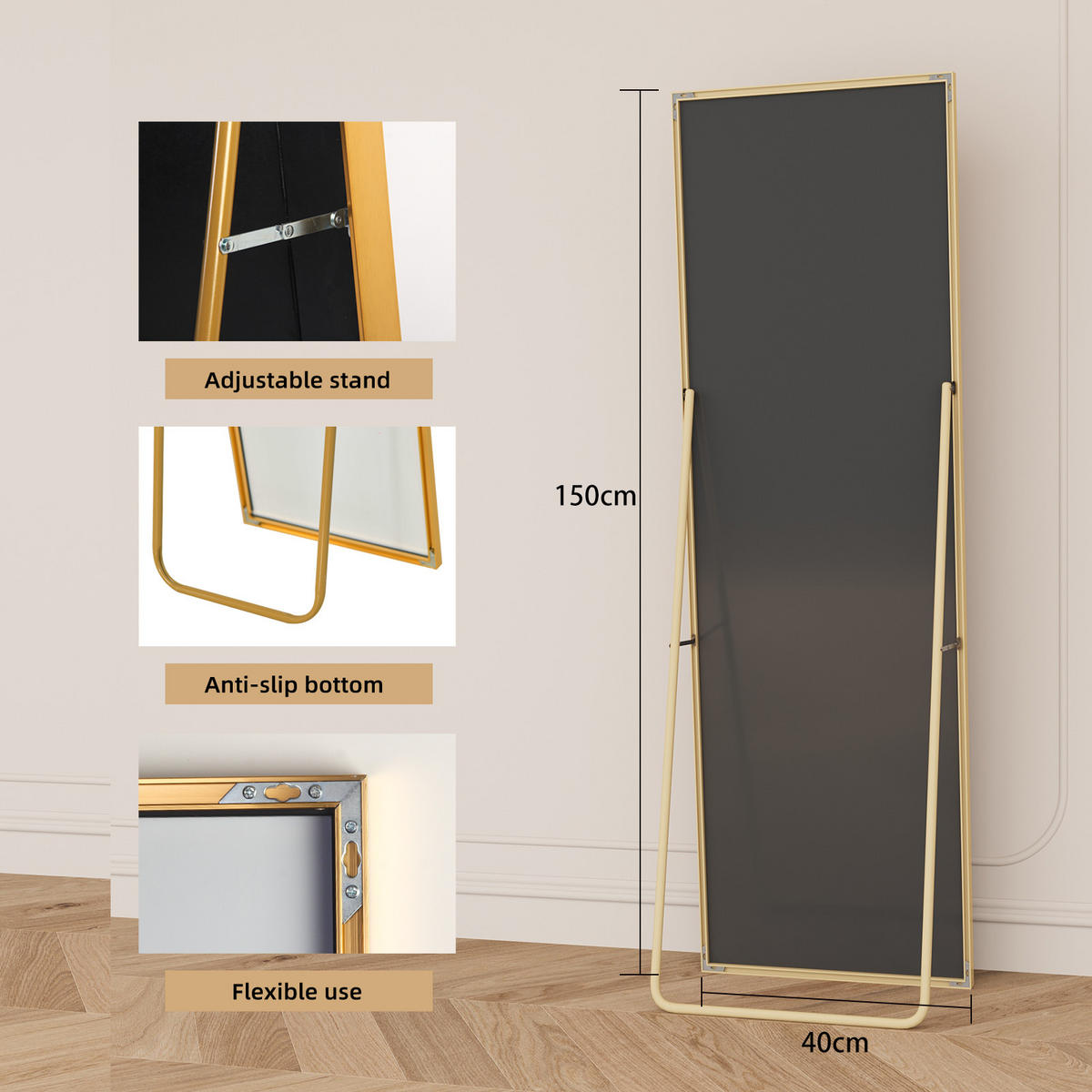 STANDSPIEGEL 40x150 cm, Rechteckiger Aluminiumrahmen, freistehend oder wandmontierbar in Gold - Goldfarben, Metall (40/3/150cm) - BRILVERDE