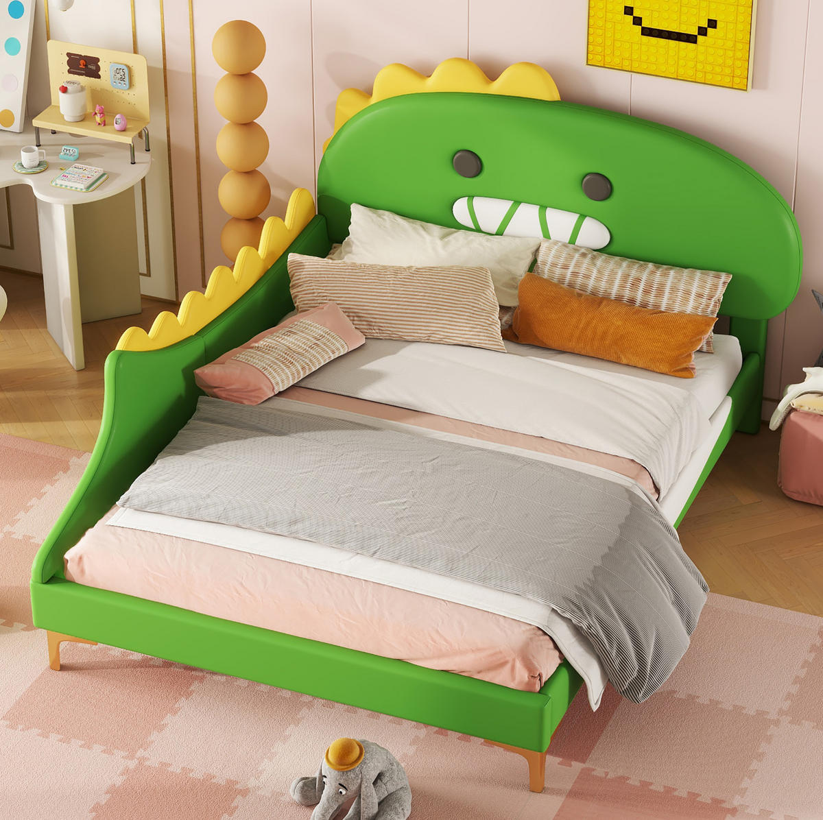 KINDERBETT aus PU und MDF 140x200 cm Grün mit Dinosaurier-Kopfteil und pflegeleichter Oberfläche - Grün, Leder (140/200cm) - Modfu