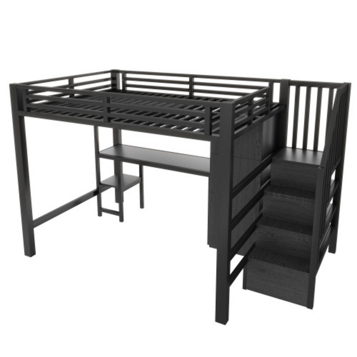 HOCHBETT 140x200 cm aus Metall & MDF mit Schreibtisch, Kleiderschrank und LED, schwarz - Schwarz, Holzwerkstoff (140/200cm) - Luhomfu