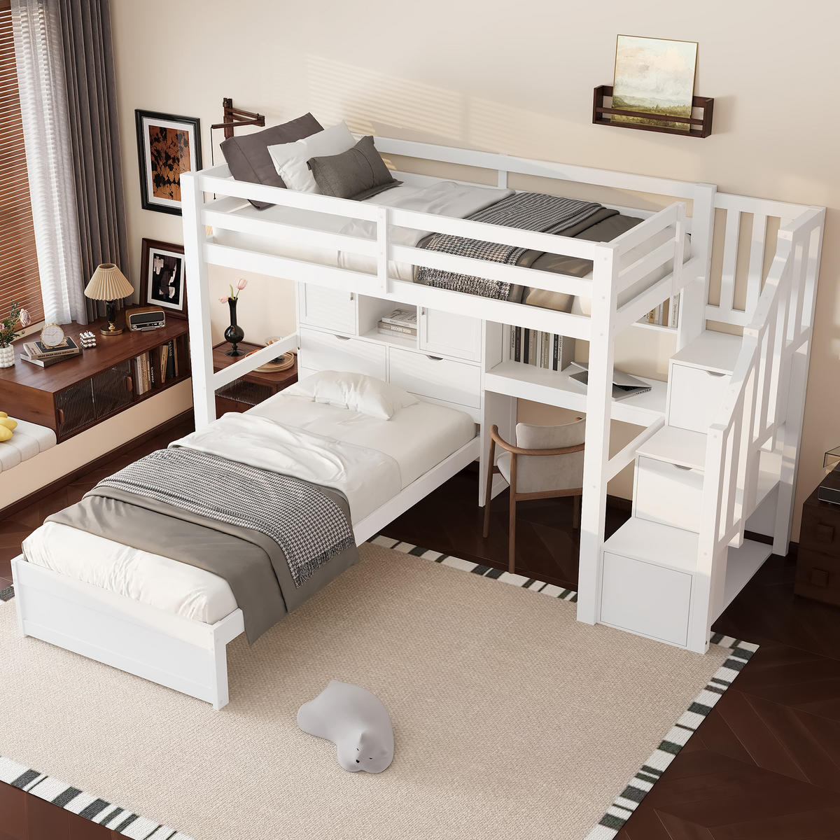 HOCHBETT 90/200 cm Weiß mit Schreibtisch Treppe und Stauraum aus Kiefer und MDF - Weiß, Holzwerkstoff (90/200cm) - OKWISH