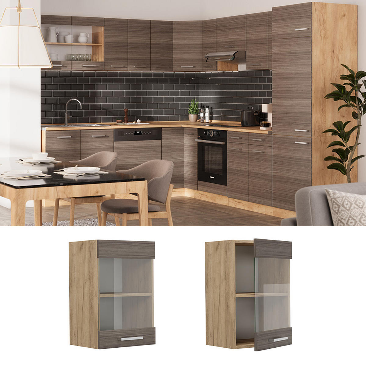 KÜCHENGLASHÄNGESCHRANK R-Line Edelgrau 40 cm - Honigeiche/Eiche Wotan, Holzwerkstoff (40/60/31cm) - Vicco