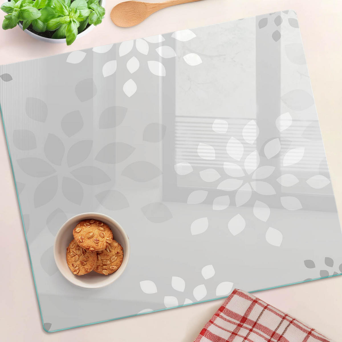 GLASPLATTE 60x52 cm Blumenmuster - Grau, Glas (60/0.4/52cm) - TULUP