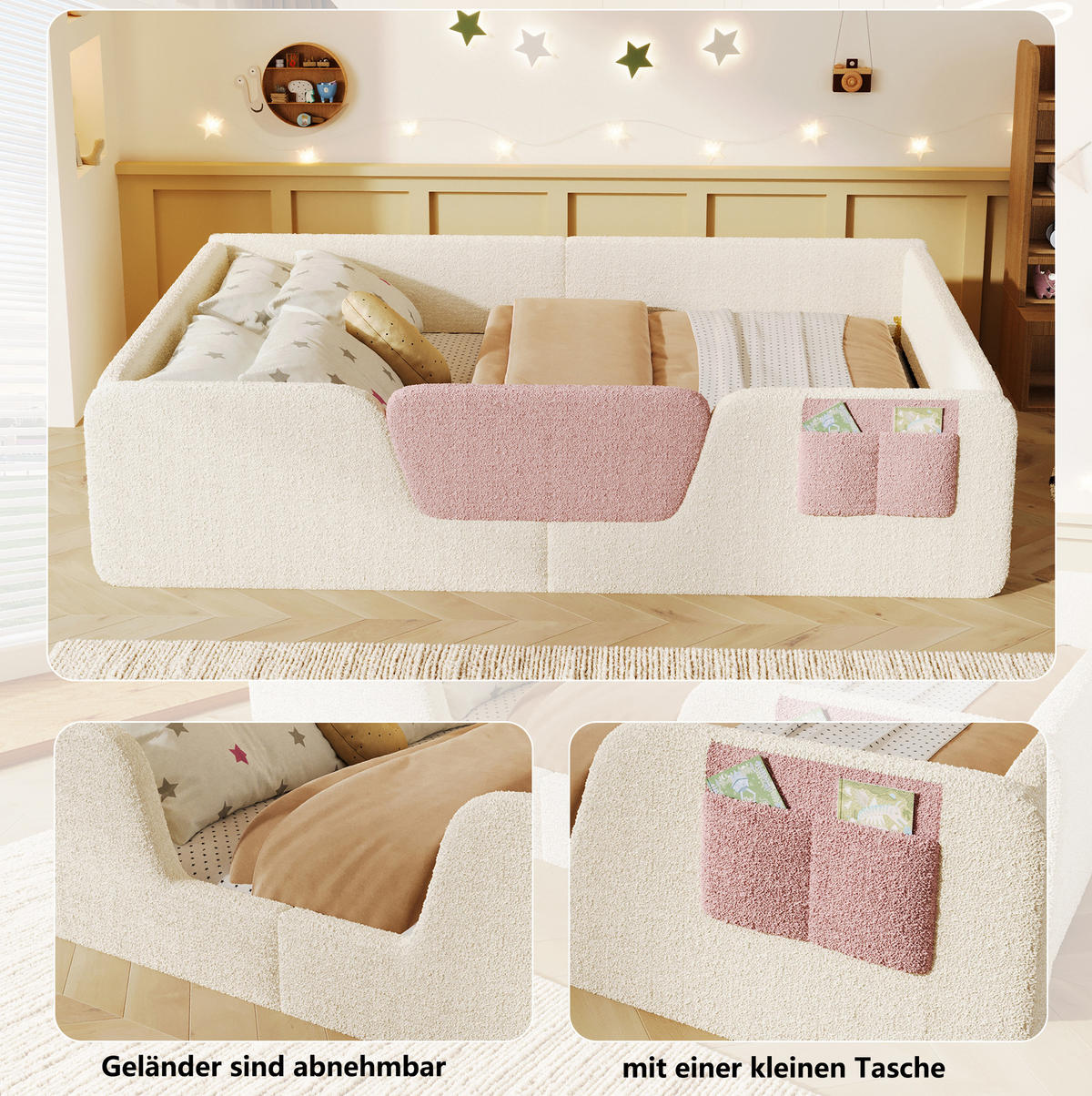 POLSTERBETT 140/190 cm beige aus Velours mit Seitengittern - Beige, Textil (140/190cm) - OKWISH